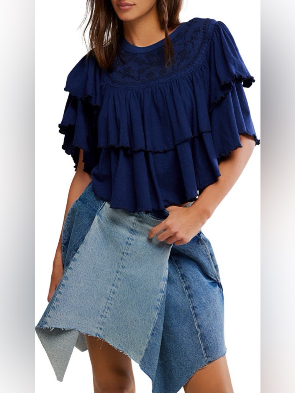 FREE PEOPLE Rose Party T-Shirt Tiered Ruffle Embroidered in Blue Size M NWT